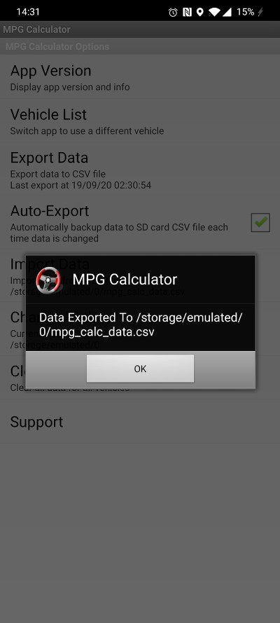 MPG Calculator menu screenshot